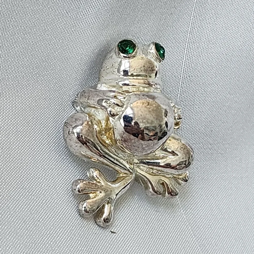 Best Silver Tone Green Jeweled Eyes Potbelly Frog Pin Pendant‎ Necklace